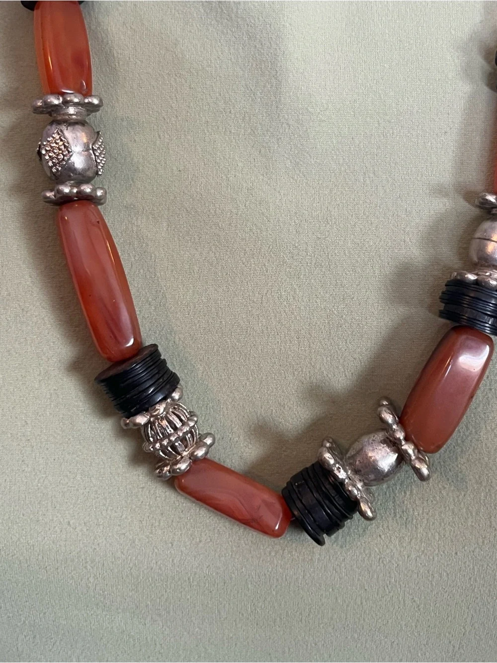 Genuine Agate, Wood and Metal Bead Necklace